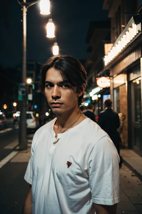 a man who dont have any facial emotion, poker face, night time, portrait, street background