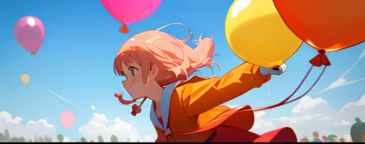 Bright girl grabbing a balloon and floating