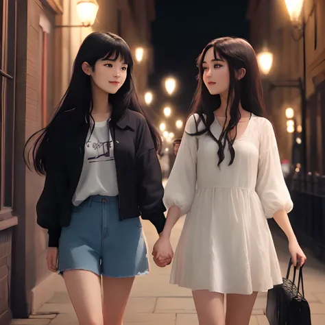 Two girl friends with long hair, one light-haired girl and the other girl with dark hair, holding hands