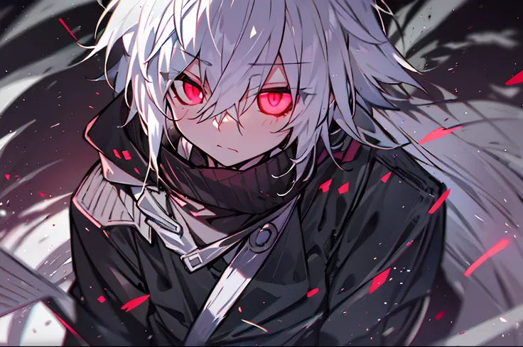 hight resolution,close range、Anime boy with white hair and red eyes staring at camera, Glowing red eyes,slim, dressed in a black outfit,Shadow Body,de pele branca,monochromes,hair messy,Straight face、Diagonal angle