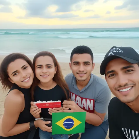 there are three people posing for a picture on the beach, 3 5 year brazilian mother, Directed by: Nandor Soldier, brasileiro, bandeira brasileira, inspirado em Samuel Silva, Directed by: Samuel Silva, Directed by: Luis Miranda, Directed by: Felipe Seade, M...