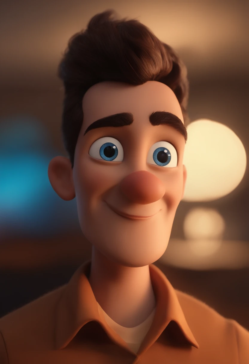 Garoto, estilo disney, tom de pele: claro:  Cabelo: marrom escuro, liso, curto, penteado para o lado direito. camisa: social, Cor azul. Fundo: Gray and white gradient,Comemorando, Hands raised, sorrindo, feliz, (estilo pixar) (obra-prima:1.2) (bokeh) (melh...