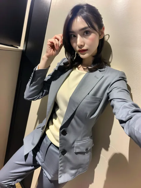 (Top Quality, 8k, 32k, Masterpiece, UHD: 1.2), 1 girl, beautiful Japan woman, thin waist, gray suit, open jacket, office lady, suit, pants, from the front, office, desk, (sticking out the buttocks: 1.2), fine face, short hair,