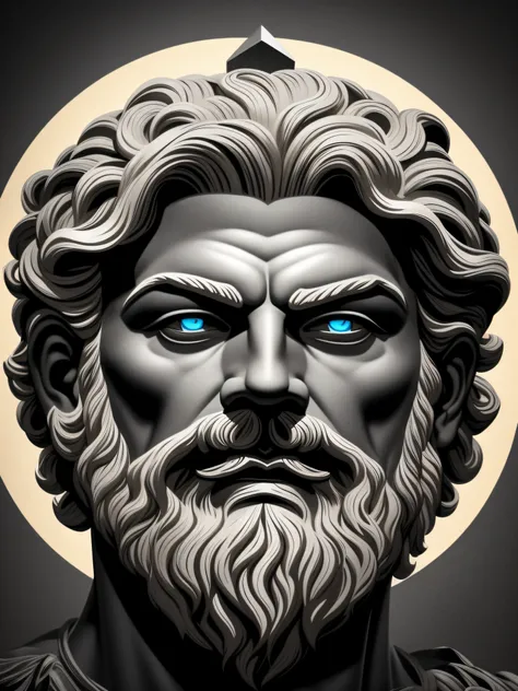 Zeus, arte da camiseta, 2D, ((fundo preto: 1, 5)), vetor, cores vivas, obra-prima, melhor qualidade, detalhes intrincados, perfect symmetrical face, detalhes realistas, gothic theme, luz de aro, luar, cinematic shading, Greg Rutkowisk