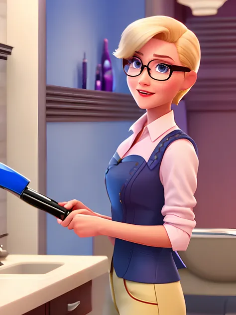 A Disney pixar character woman high quality blonde short hair, wearing glasses, in a formal outfit holding a brush and a hairdryer in a salon