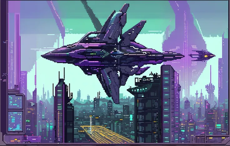 a pixel art of a spaceship flying over a city, cyberpunk pixel art, detailed pixel art, purple cyberpunk city, beautiful detailed pixel art, # pixelart, #pixelart, detailed pixel artwork, cyberpunk art style, background cyberpunk spaceship, concept pixelar...