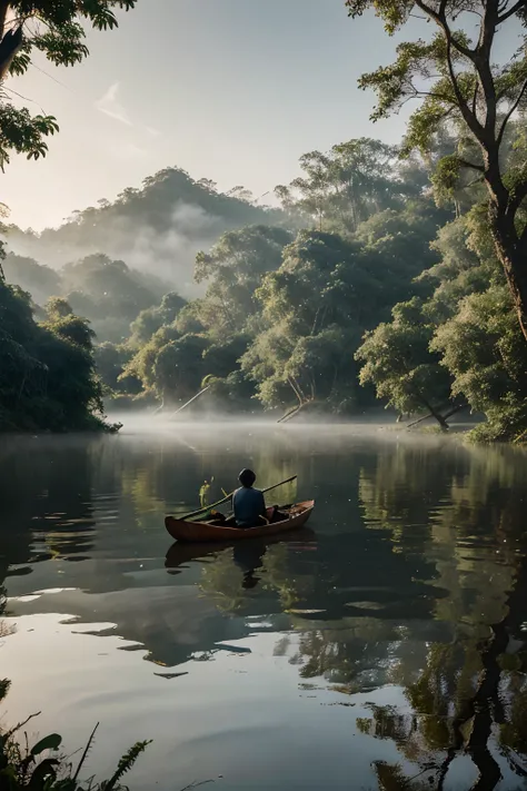 there is a man in a canoe on a river in the fog, mystical forest lagoon, dreamy scene, indonesia national geographic, in a serene landscape, mystical scene, mystical lake, jungles of vietnam beautiful, mystical setting, beautiful environment, serene enviro...