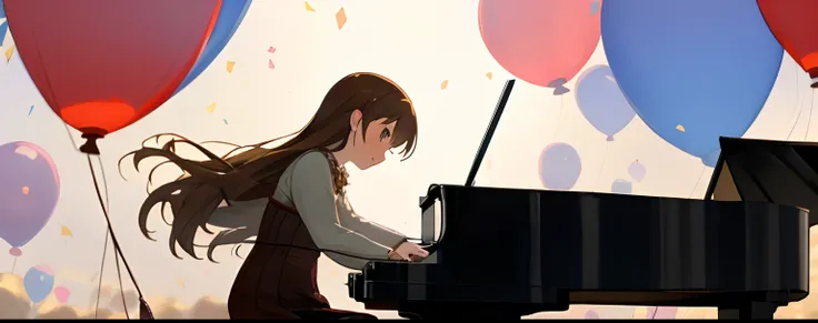 Playing the piano、Woman with flying balloon