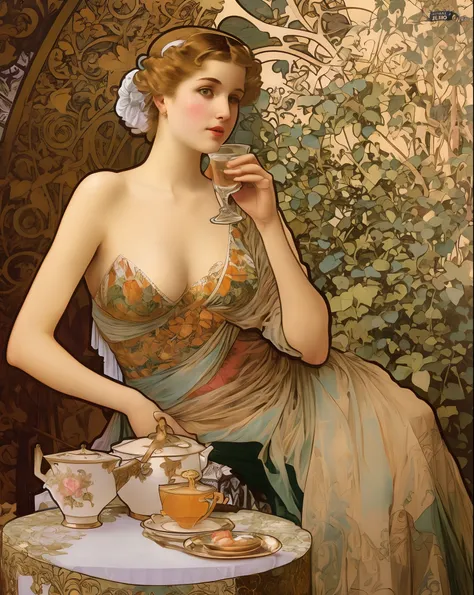 Beautiful women with figures like in the paintings of Alphonse Mucha on the table or her party drinking tea. Huge boobs