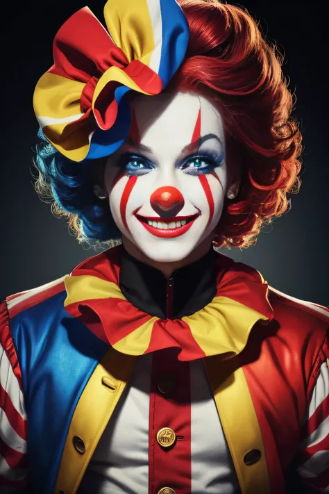 1 circus clown，uncanny， Fake smile，sportrait ，4K Ultra HD, 超高分辨率, (Photorealistic: 1.4), Best quality，Masterpiece，（pastel colour：1.2）