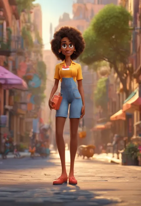 Estilo Pixar: The young woman standing on the street of Angola, morena, cabelos escuro e  longos, In her hand shes holding a cell phone, 3D Poster,Disney