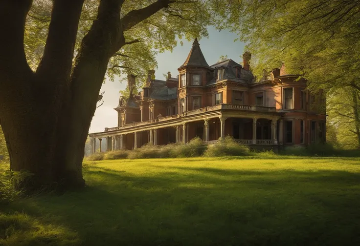 A beautiful old abandoned mansion, trees and foliage growing up around it, over it and through it, a crisp spring morning, early light, long shadows