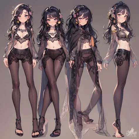 ((Masterpiece, Highest quality)), Detailed face, CharacterDesignSheet， full bodyesbian, Full of details, Multiple poses and expressions, Highly detailed, Depth, Many parts，High Balance, Natural light, Lace，lacepantyhose，Sunny décor，Star decoration，Long bla...