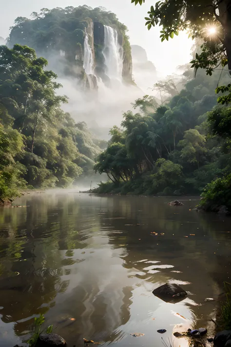 a river in the fog, mystical forest lagoon, dreamy scene, indonesia national geographic, in a serene landscape, mystical scene, mystical lake, jungles of vietnam beautiful, mystical setting, beautiful environment, serene environment, early morning light, s...