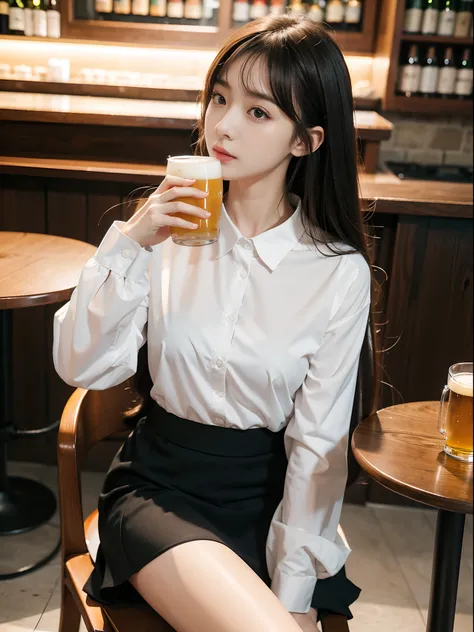 natta、In the tavern、sitting in the chair、Full body、Wearing a suit,skirt by the、While drinking a mug of beer vigorously with one hand、Super Real、ultra-detailliert, oblique bangs、 masuter piece, top-quality,realskin,(portlate:1.5), 1girl in,, The long-haired...