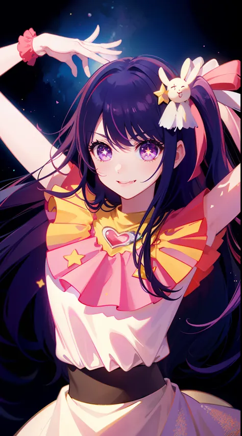 (best quality), (ultra_detailed), finely detail, (Depth of field), HshinoAi,gloves, tongue out, tongue, long hair, star (symbol), looking at viewer, (purple hair:1.2), purple eyes, upper body, hair ornament, :p, frills, pink shirt, smile, sleeveless, shirt...