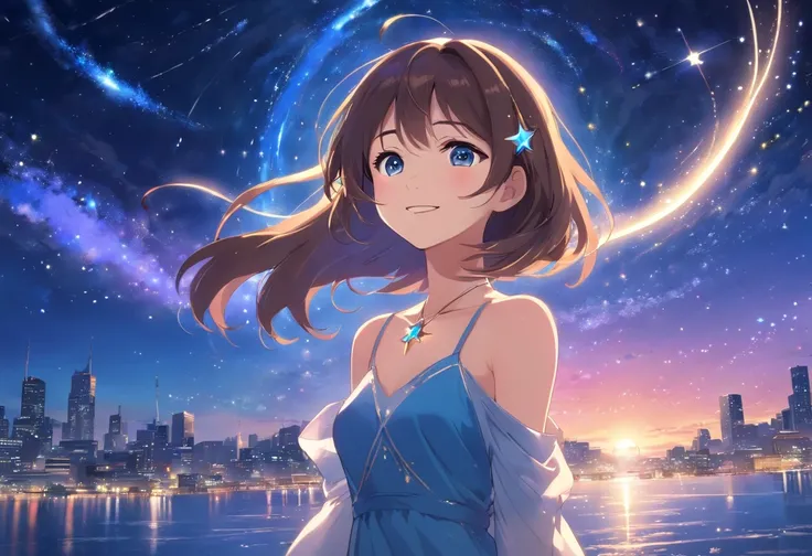 star_(sky), starry_sky, night_sky, night, 1girl, breasts, shooting_star, space, sky, milky_way, long_hair, starry_sky_print, light_particles, solo, wading, blue_eyes, aurora, looking_at_viewer, jewelry, water, dress, starry_background, galaxy, very_long_ha...