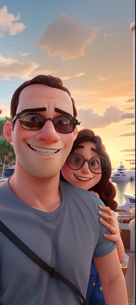 A happy couple in sunglasses taking photo with various yachts on disney pixar style background, alta qualidade, melhor qualidade