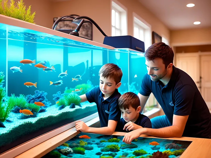 A father and son fixing aquarium