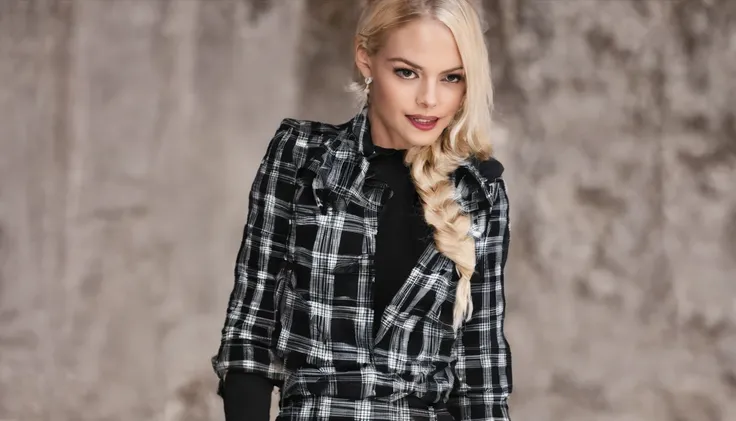 Arafed woman in a black and white plaid shirt and black pants, Camisa cropped com jaqueta, modelo de moda, Estilo de Julia Razumova, Anna Nikonova aka Newmilky, Taran Dasha, elegante, Anastasia Ovchinnikova, Ana Nikonova, roupa preta, office clothes, menin...