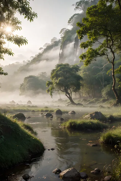 a river in the fog, mystical forest lagoon, dreamy scene, indonesia national geographic, in a serene landscape, mystical scene, mystical lake, jungles of vietnam beautiful, mystical setting, beautiful environment, serene environment, early morning light, s...