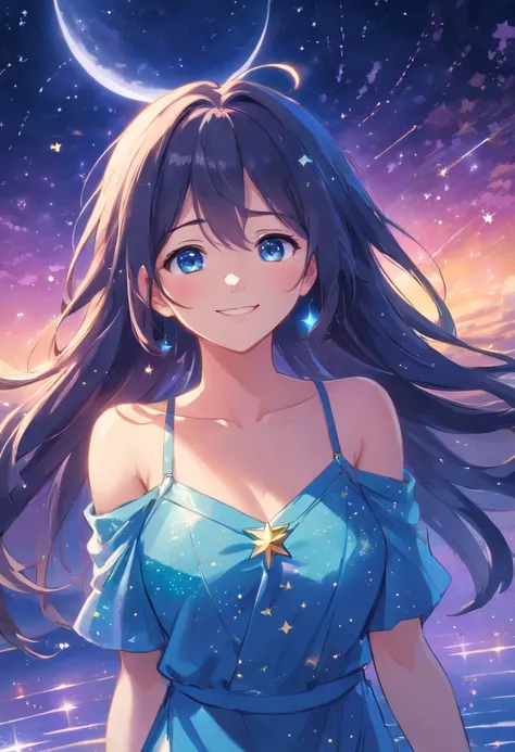 star_(sky), starry_sky, night_sky, night, 1girl, breasts, shooting_star, space, sky, milky_way, long_hair, starry_sky_print, light_particles, solo, wading, blue_eyes, aurora, looking_at_viewer, jewelry, water, dress, starry_background, galaxy, very_long_ha...