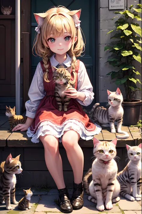 Best quality, high resolution, distinct image, (many (Detailed) baby cats) And a girl:1.3), Focus on cats, Little (Detailed) Cats around girls,background is back alley, detasiled sunlight, Sitting, Girls watch the audience, Front view, (Cat looks at the au...