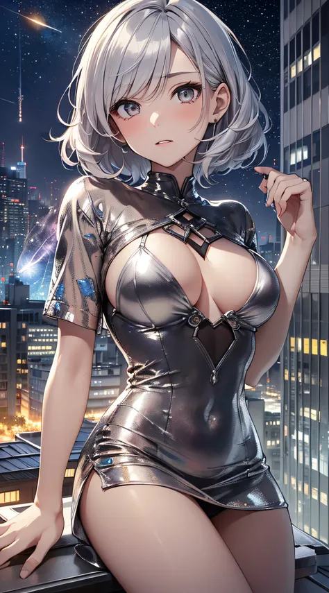 top-quality、Top image quality、​masterpiece、girl with((sixteen years old、Best Bust、small tits,beautiful silver eyes、Breasts wide open,Silver-haired shorthair、Bunched hair、A slender、Large valleys、Silver Bikini、Silver dress,Slouching posture、Silver short skir...