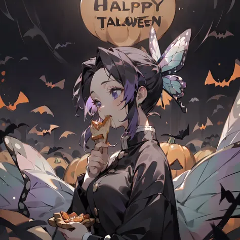 masterpiece, top-quality, top-quality, Beautifully Aesthetic:1.2, 1girl, Halloween night, 
((Wearing a high-quality kochou shinobu suit over the Black button shirt:1.2)), high detailed, ((Close the Button:1.2)), 
large breasts, firm breast, nicely shaped b...