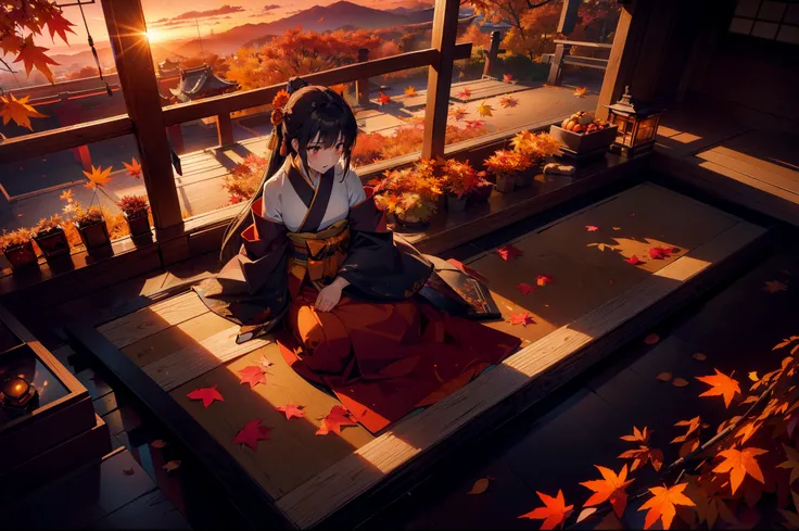 1 girl , cinematic lighting , cinematic angle,wide shot, from above ,(orange lighting), (autumn leaves) , shrine ,(sunset), Japanese clothing ,((masterpiece)), ((best quality)), ((ultra-detailed)), (illustration), ((an extremely delicate and beautiful))