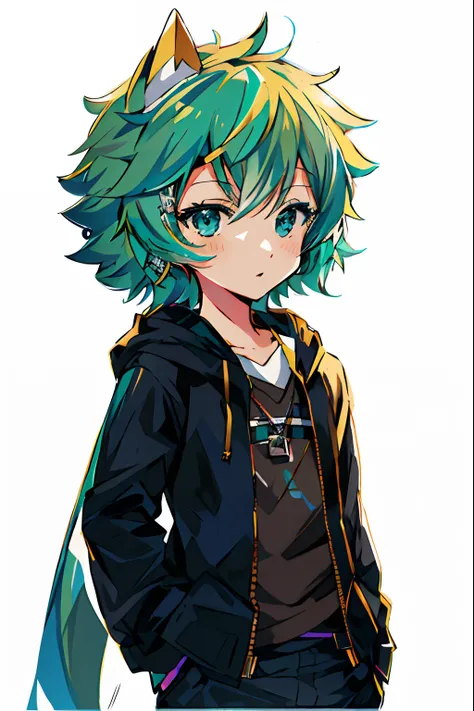 Green hair and blue eyes anime character wearing a black jacket, nagito komaeda, anime moe art style, Anime girl with teal hair, hatsune miku short hair, Anime Boy, Mikudayo, by Puru, 2 d anime style, High quality anime art style, anime style character, ta...