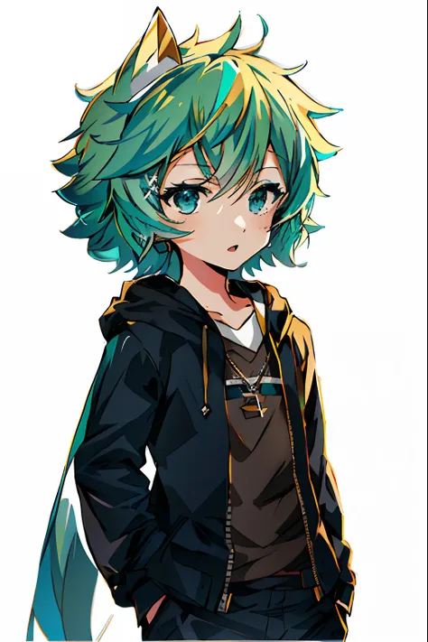 Green hair and blue eyes anime character wearing a black jacket, nagito komaeda, anime moe art style, Anime girl with teal hair, hatsune miku short hair, Anime Boy, Mikudayo, by Puru, 2 d anime style, High quality anime art style, anime style character, ta...