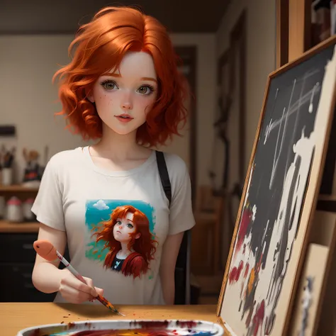 Pixar Style Redhead Girl With Messy Hair Painting