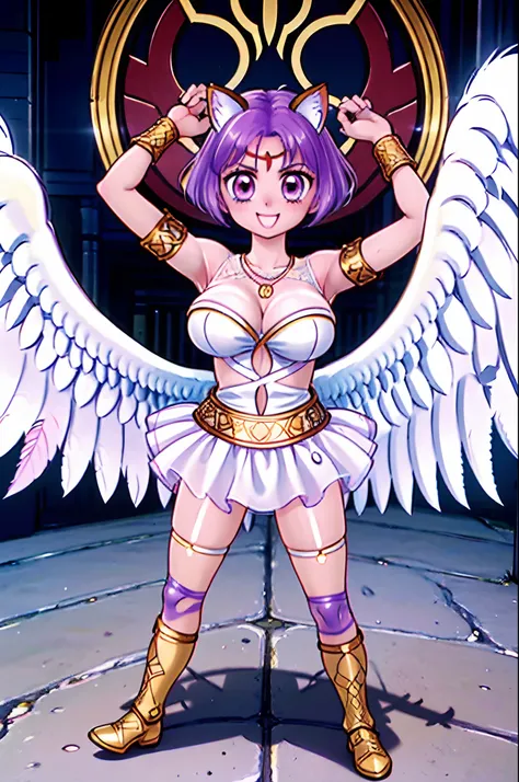 cathedral, sunny, sun light, the lights of a sun, lines of light, ambient light, rounded window, mosaic window, flying feathers around, Laura_(vindictus), 1girl, solo, smile, looking at viewer, (eyes half-closed:0.6), short hair, animal ears, cleavage, jew...
