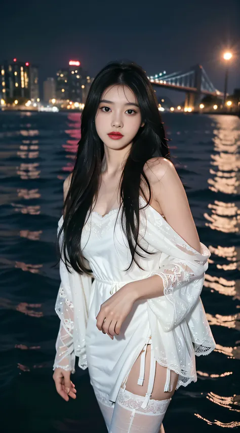 facing at camera，face to the viewer，standing on your feet，High picture quality，Works of masters，girl，Black hair，Long hair shawl，Long hair flowing over the shoulders，cropped shoulders，鎖骨，exquisite face，Hydrated red lips，White front buttoned lace-trimmed tul...