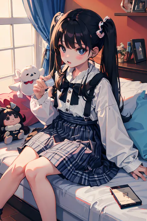 (child)，（​masterpiece，Highest Quality），parka，(gingham checked skirt)，A dark-haired，Twin-tailed，World of toys