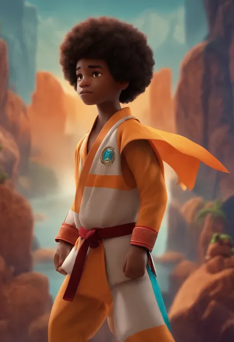 crie um banner no estilo Pixar. A boy with afro features, cabelo cacheado, vestindo  Dogo de taekwondo, mostrando sua felicidade em dar um chute alto