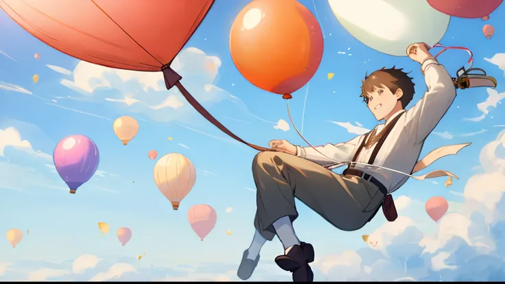 holding pencil、Man with flying balloon