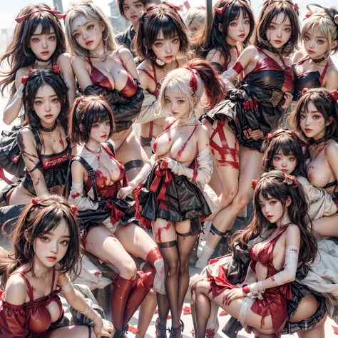 (((SFW, NSFW STILL SHOW, 12 Tiny Girls in a row:1.2, Shibuya Hachiko-mae scramble crossing on Halloween:1.2))), ((masterpiece:1.2, best quality, photorealistic:1.37)), { (Standing Full Body:1.2)|(from below:1.2) }, { bandaged full body | torn Sailor Unifor...