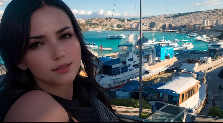 there is a woman that is standing in front of a harbor, nice view, ekaterina, 8k selfie photograph, beautiful view, mina petrovic, maia sandu hyperrealistic, profile pic, amazing view, high quality upload, vacation photo, innblásin af Júlíönu Sveinsdóttur,...