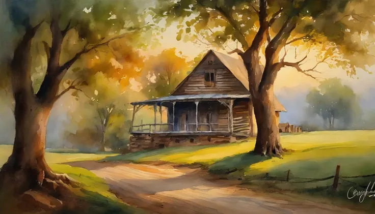 Farmhouse under a big tree beside a creek, Sunrise, Bull trolley ,  Oil Painting, Classic style, Rich colors, brushstrokes, Vivid textures, Expressive portrait, dynamic compositions, Light and shadow capture, Artistry, timeless beauty.