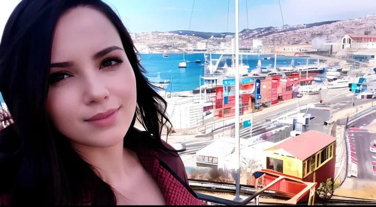 there is a woman that is standing in front of a harbor, nice view, ekaterina, 8k selfie photograph, beautiful view, mina petrovic, amazing view, profile pic, maia sandu hyperrealistic, high quality upload, vacation photo, innblásin af Júlíönu Sveinsdóttur,...