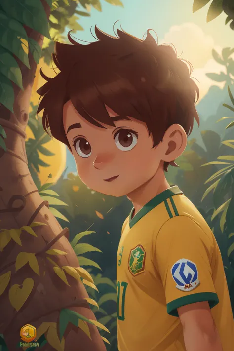 menino de 9 anos, cabelos curtos, cortados, marrons, olhos marrons, Shirt of the Brazilian national soccer team, amarela, caminhando sozinho em uma bela paisagem montanhosa no por do sol, feliz, estilo disney chanel, imagem uhd, 8k, ultra.