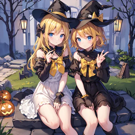 en 8K、highest qualityr、obra maestra、Ultra-detallado、Ultra-high resolution、kagamine rin 、halloween、Sombrero de bruja、una rubia、Cabello trenzado、vestido negro、hombros desnudos、escote de la mama、Makeups、sombras de ojos、Una pulsera、Ciudad medieval、Sit on the r...