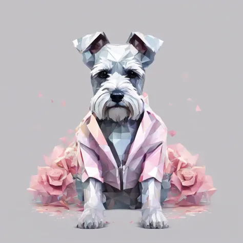 Perfect alignment, Cute schnauzer in a jacket，Crystal Vase，Rose flower,, cheerfulness, Standing position, Abstract beauty, Centered, Looking at the camera, Facing the camera, Approaching perfection, Dynamic, Highly detailed, Smooth, Sharp Focus, 8K, hight ...