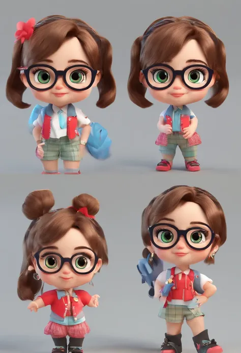 (best quality,3D,realistic:1.37),cute character, modern casual clothes, short blazer,pant,character design,character sheet,cute hairstyle,eyeglasses,disney style,american girl,young,perfect face