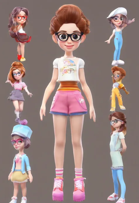 (best quality,3D,realistic:1.37),cute character, modern casual clothes, short blazer,pant,character design,character sheet,cute hairstyle,eyeglasses,disney style,american girl,young,perfect face