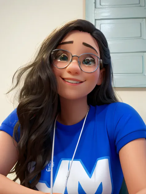 Smiling woman with glasses and a blue shirt sitting at a table, Alanis Guillen, Malika Favre, imagem de perfil, imagem do avatar, by Amelia Peláez, fernanda suarez, Jenna Barton, Directed by: Sam Dillemans, Marischa Becker, julia fuentes, andrea rocha, fot...