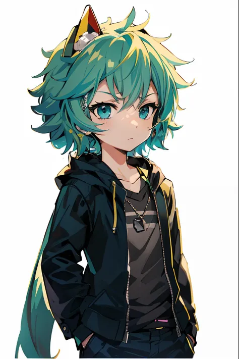 Green hair and blue eyes anime character wearing a black jacket, nagito komaeda, anime moe art style, Anime girl with teal hair, hatsune miku short hair, Anime Boy, Mikudayo, by Puru, 2 d anime style, High quality anime art style, anime style character, ta...