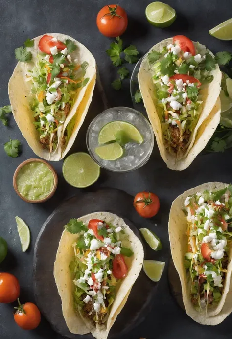 4 deliciosos tacos mexicanos, vaso de agua con gotas por fuera del vaso, profesional photography.